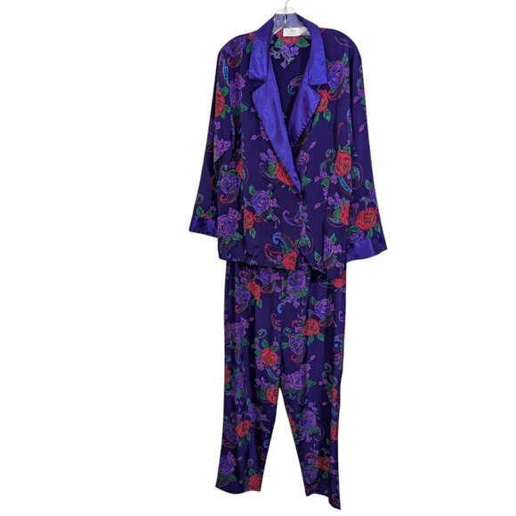 Victorias Secret Vintage Gold Label Womens L Pajama Set Floral Purple Satin Rose - Picture 2 of 6